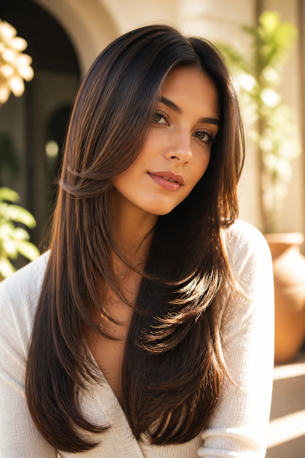 Portrait of a woman with ribbon-like long layers and glossy hair in golden hour light