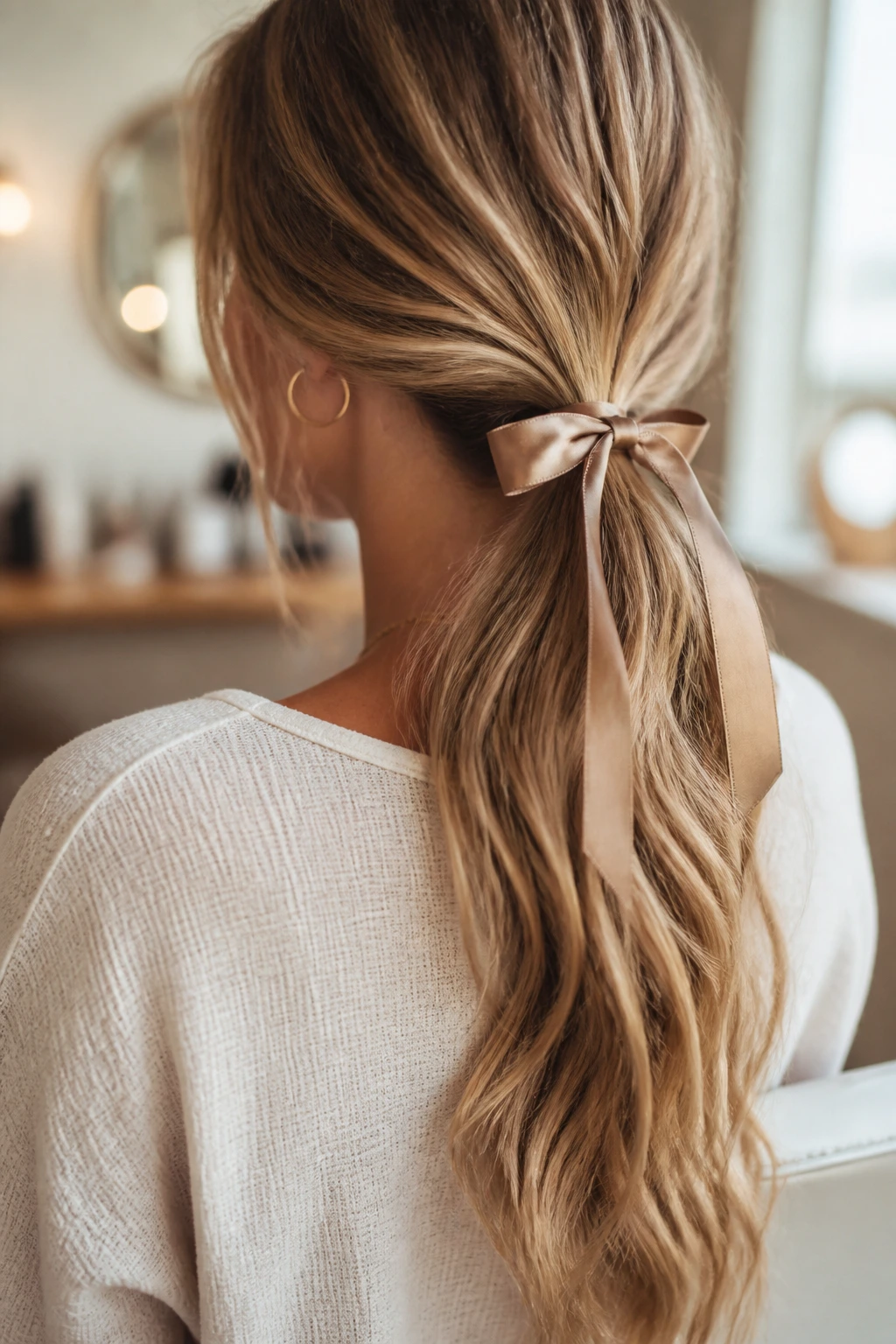 Close-up of real woman with ribbon-tied low ponytail and waves