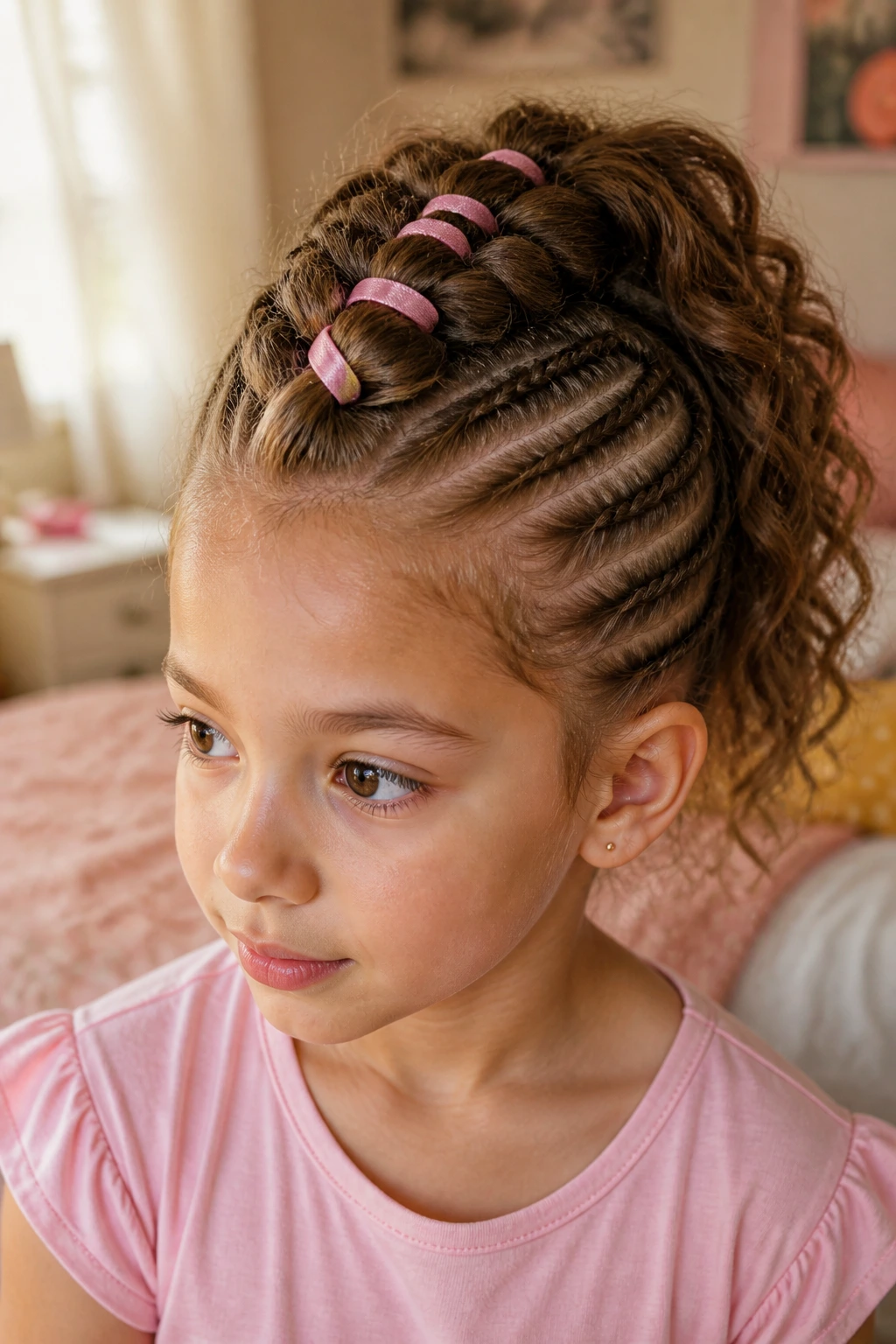 Close-up of a real child with a ribbon-woven mohawk in soft window light.