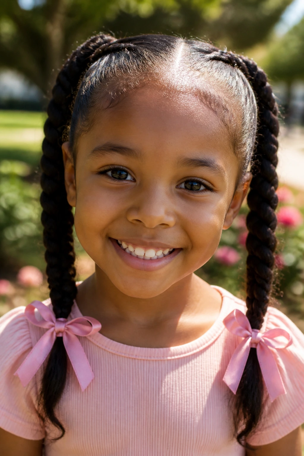 Close-up portrait of a real child girl with ribbon-tied pigtail braids outdoors in soft daylight