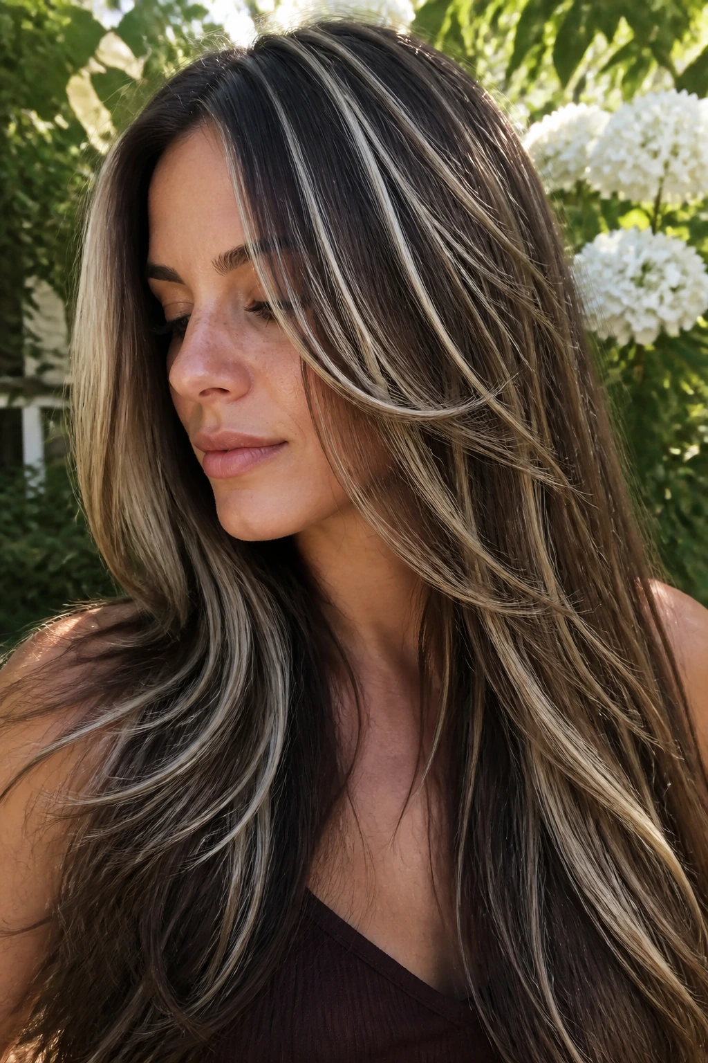 Close-up of a real woman with ribbon platinum highlights in long brunette hair outdoors