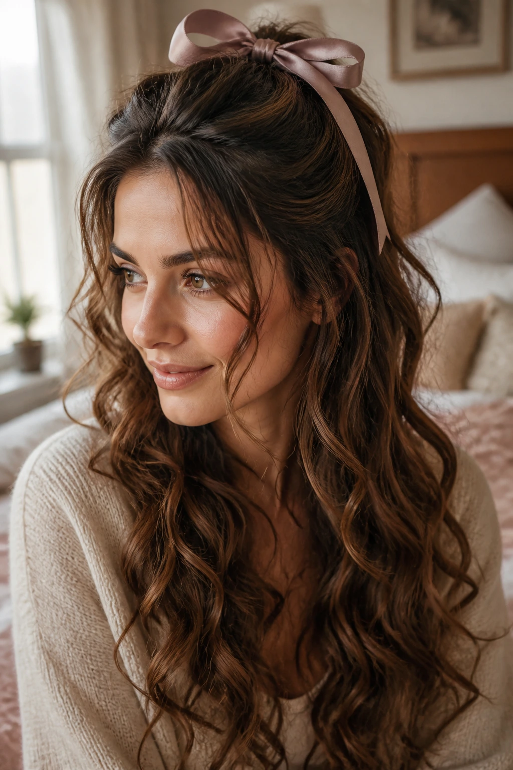 Close-up portrait of a woman with a ribbon half pony hairstyle in soft bedroom light