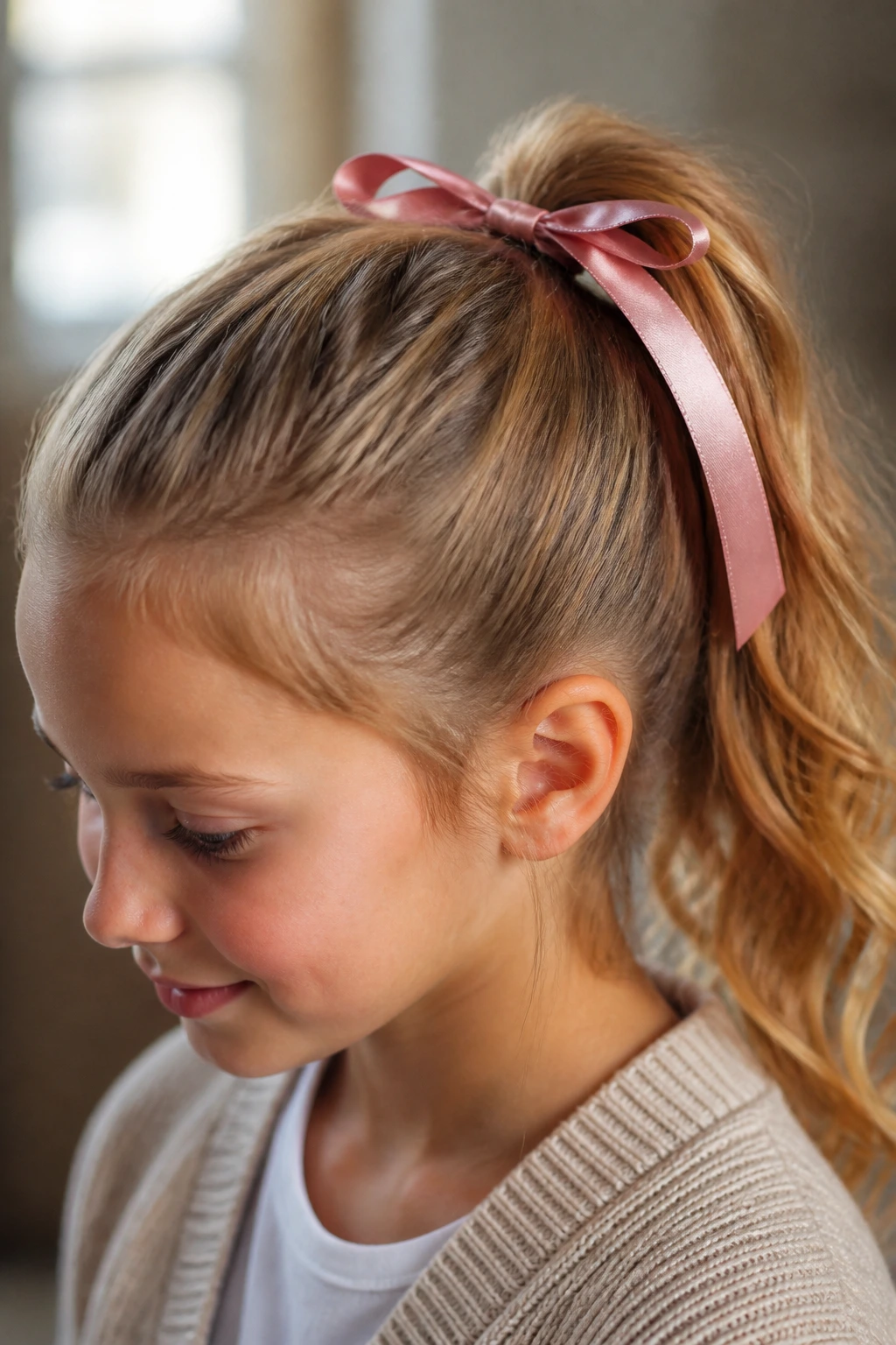 Ponytail with satin ribbon accent on a real person