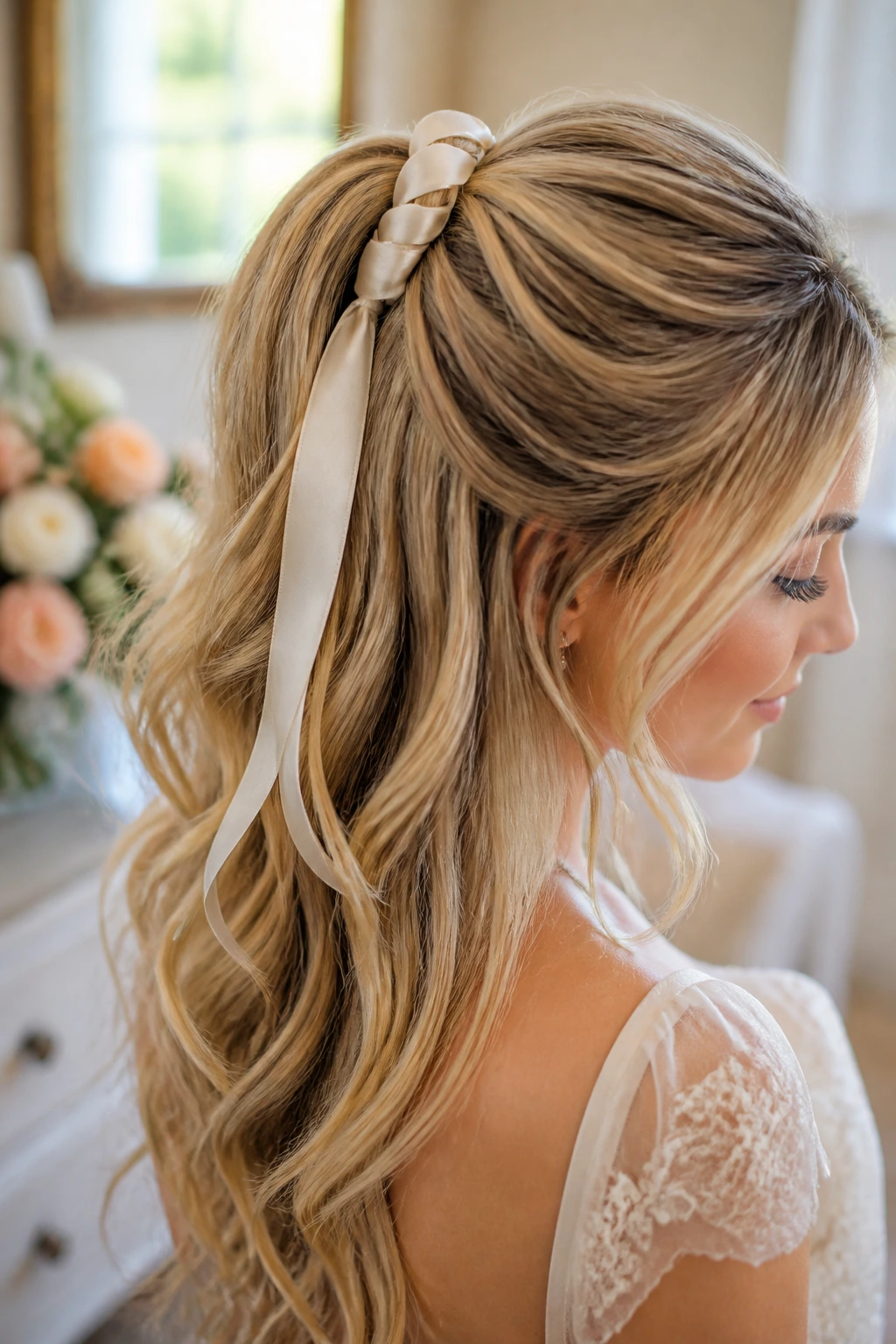 Real woman with ribbon-woven half ponytail in wedding prep lighting
