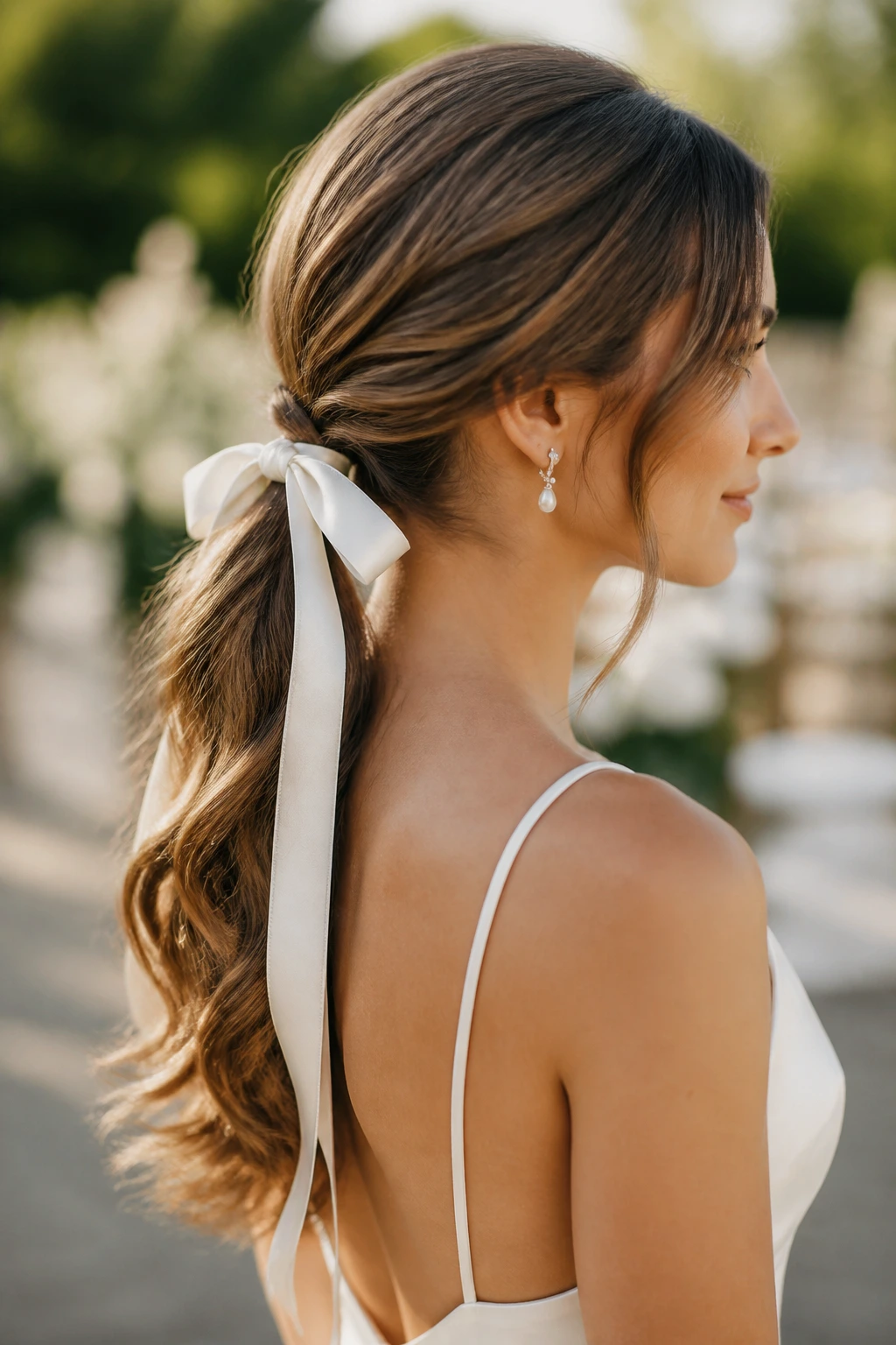 Real woman with ribbon-tied ponytail and soft ends in outdoor garden