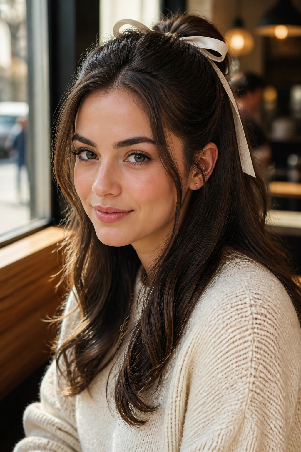 Close-up portrait of a real woman with a ribbon-tied half-up ponytail