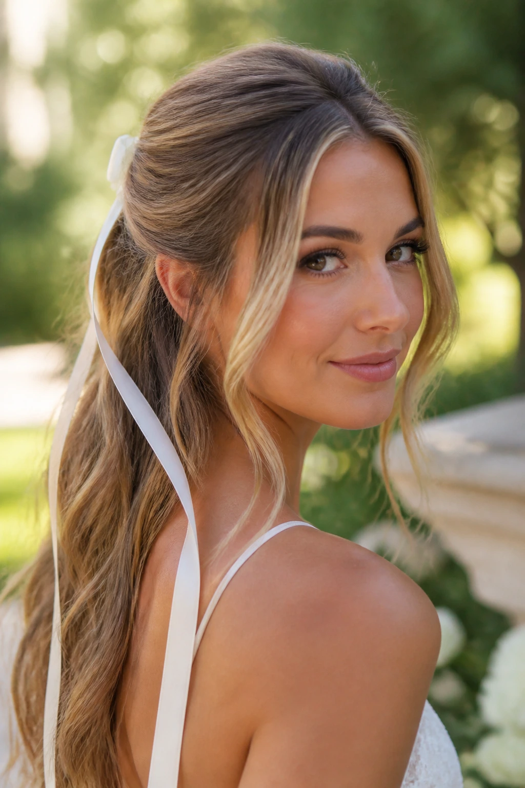 Bride with ribbon-tied half-up hairstyle and visible money piece.
