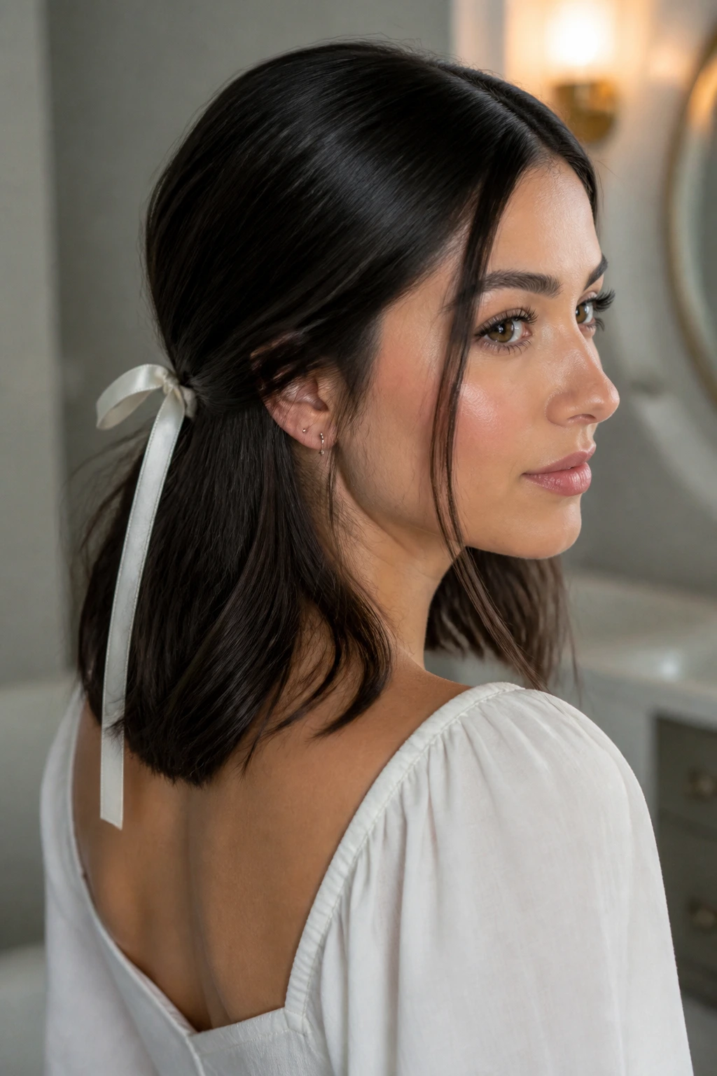 Real woman with a ribbon-tied lob in a softly lit interior.