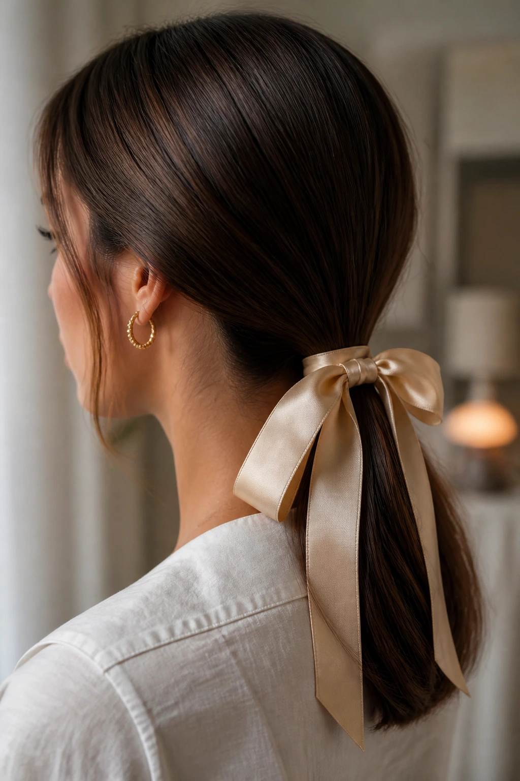 Portrait of a woman with a ribbon-tied low ponytail at the nape