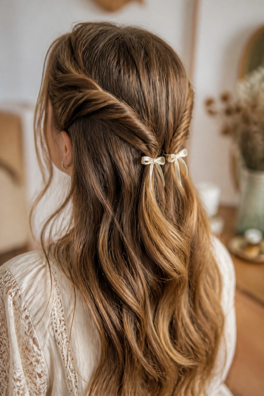 Close-up of a real woman showing two ribbon-tied twists at the back of her head