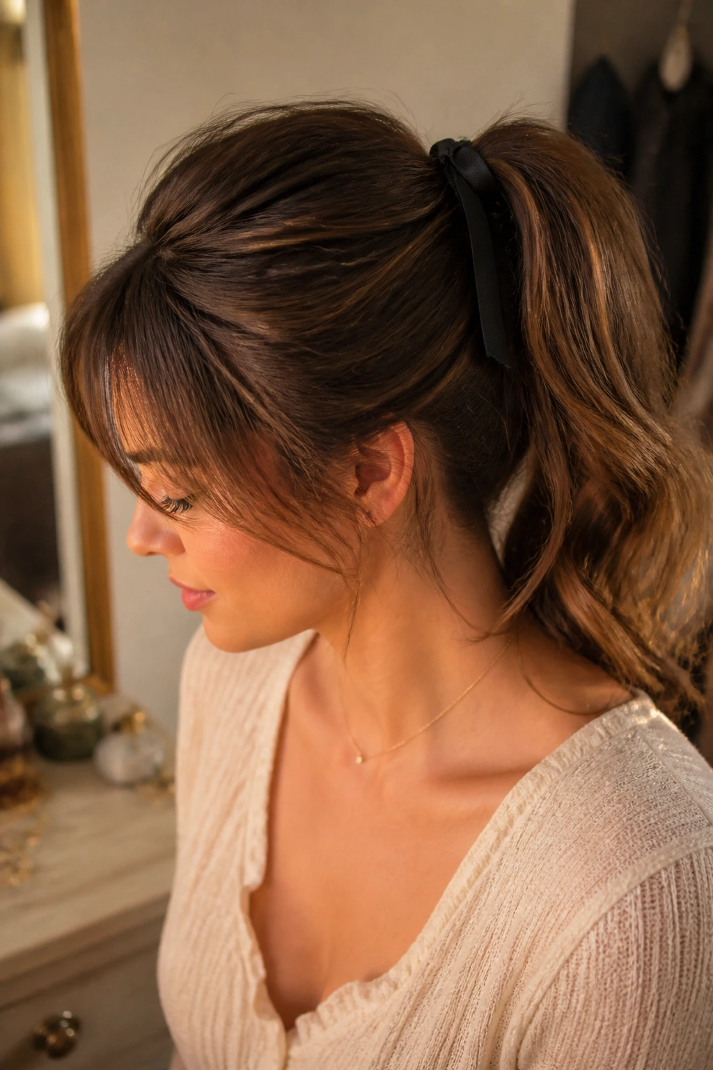 Close-up of a real woman with a ribbon-tied volume pony in a warm dressing area