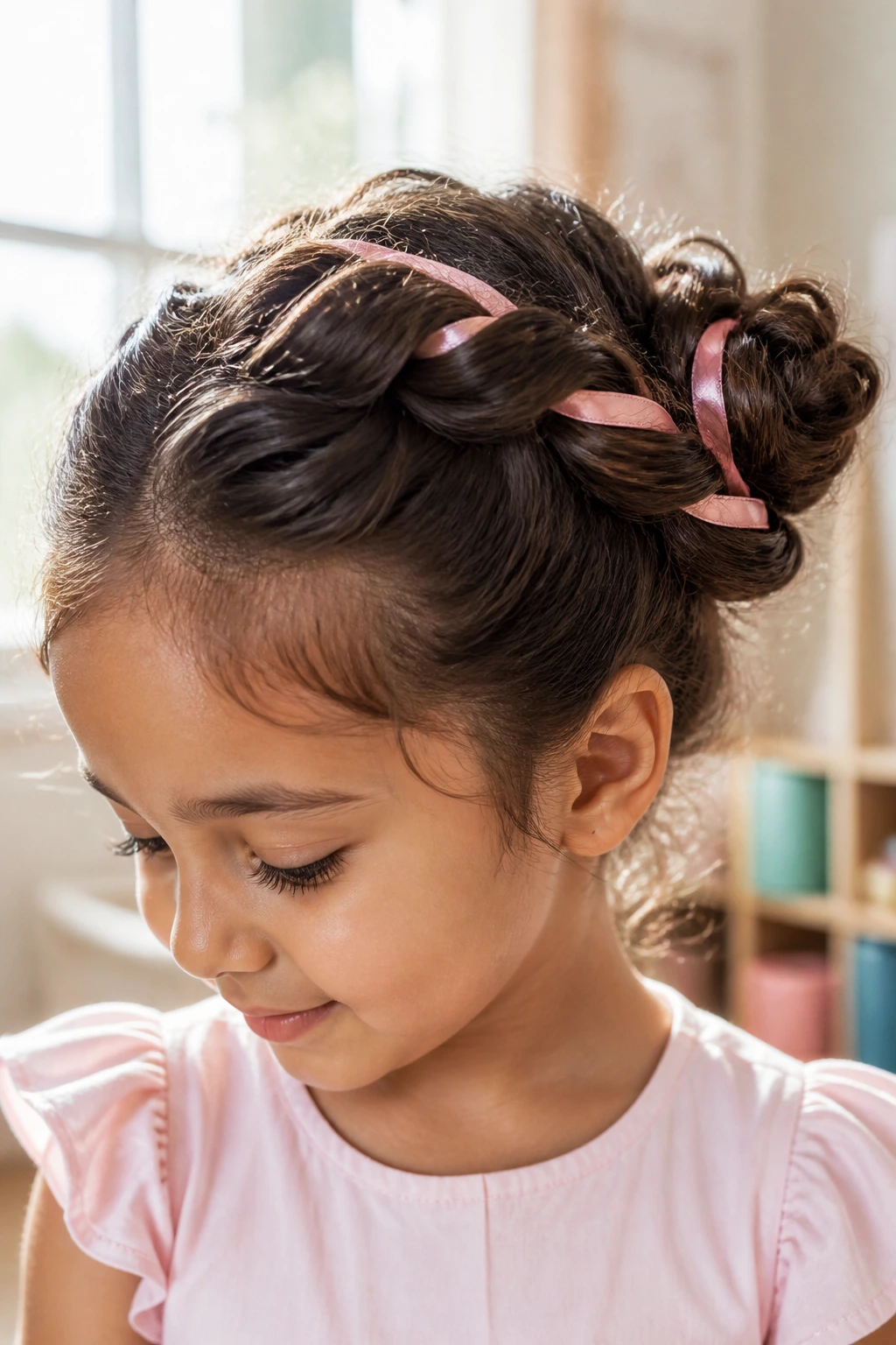 Close-up of a real girl with ribbon-threaded twists in an updo