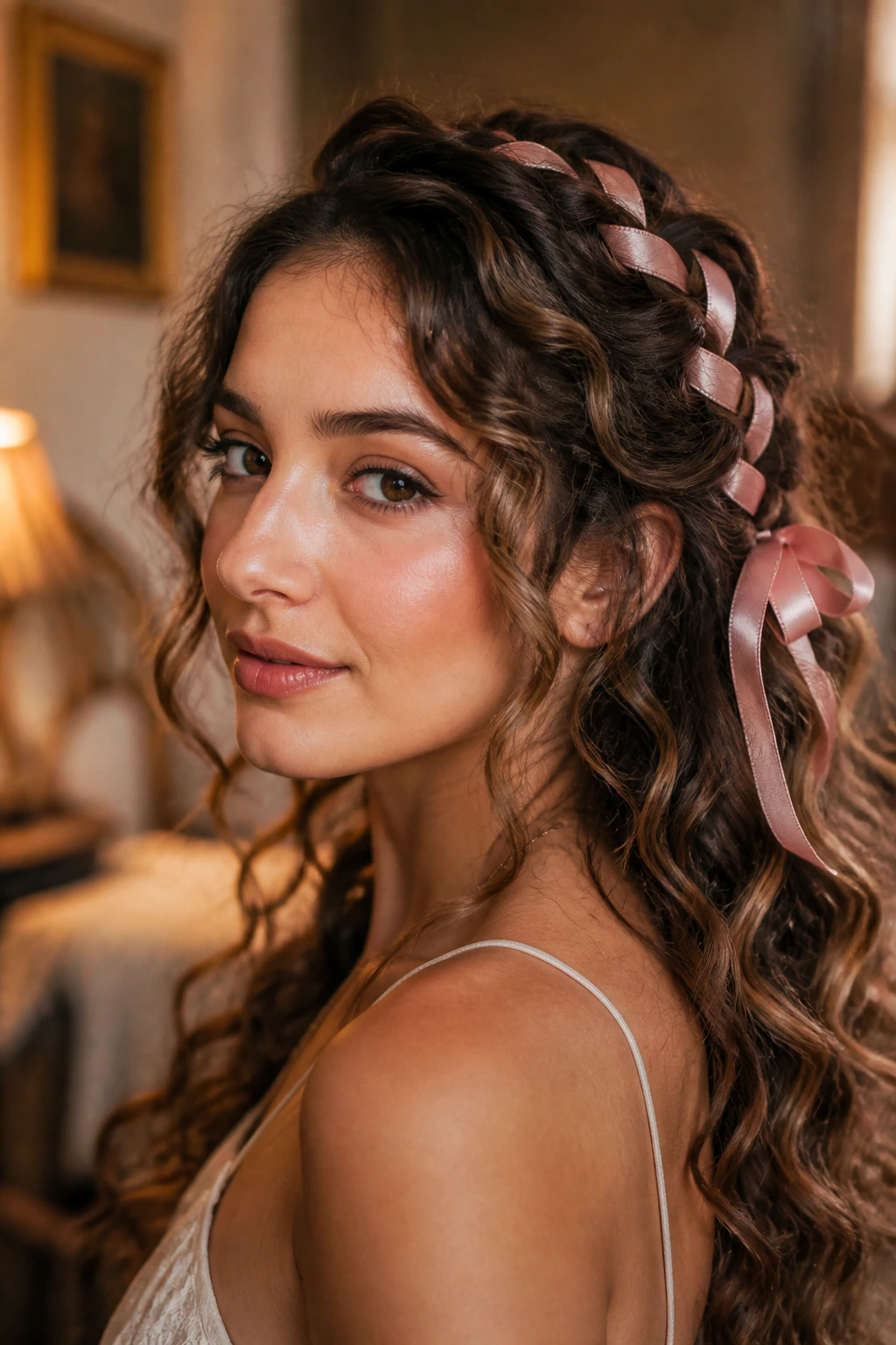 Close-up portrait of a real woman with a silk ribbon woven through soft waves