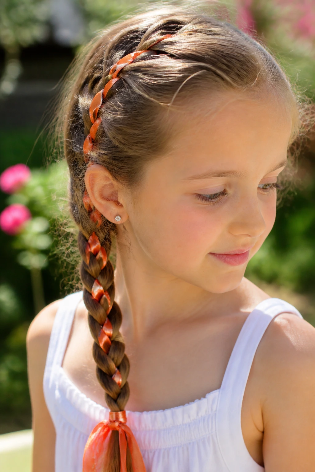 Girl with ribbon-woven braid adding color and width to thin hair