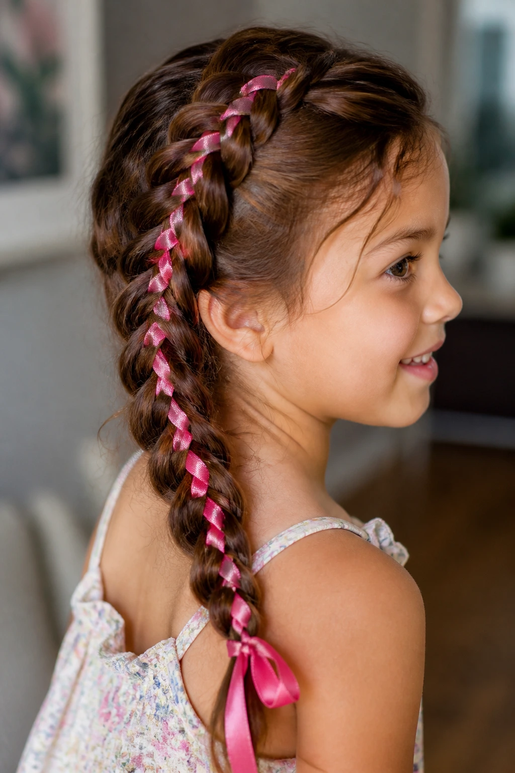 Close-up of a real child with a ribbon-woven braid in natural daylight