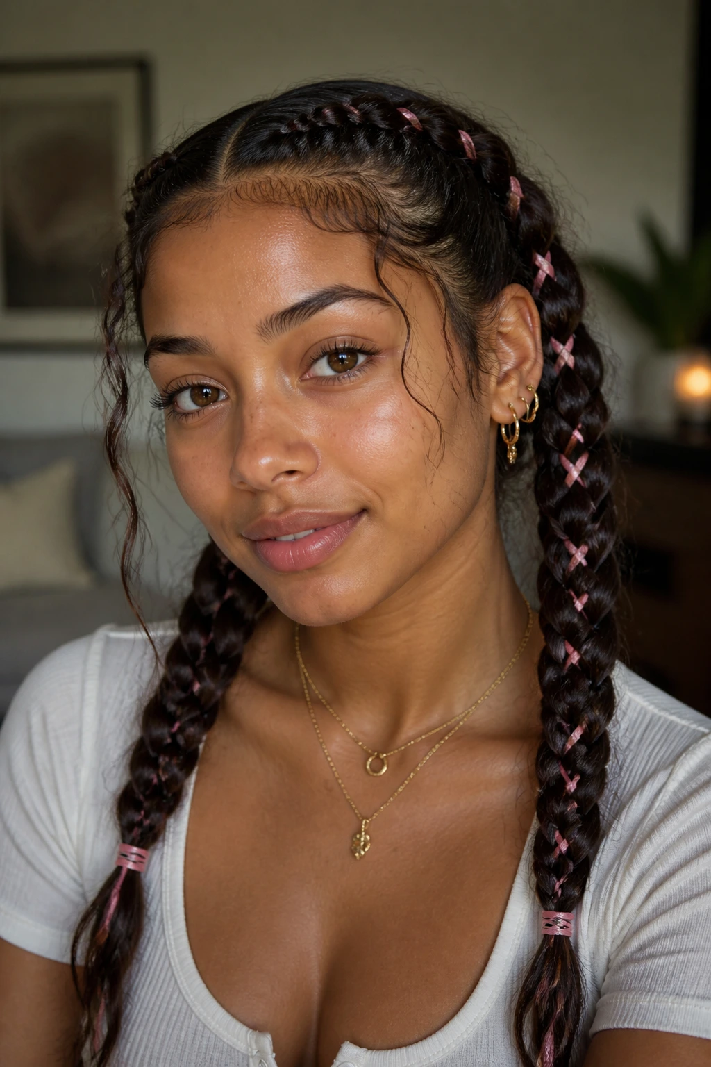 Close-up of real person with ribbon-woven twin braids