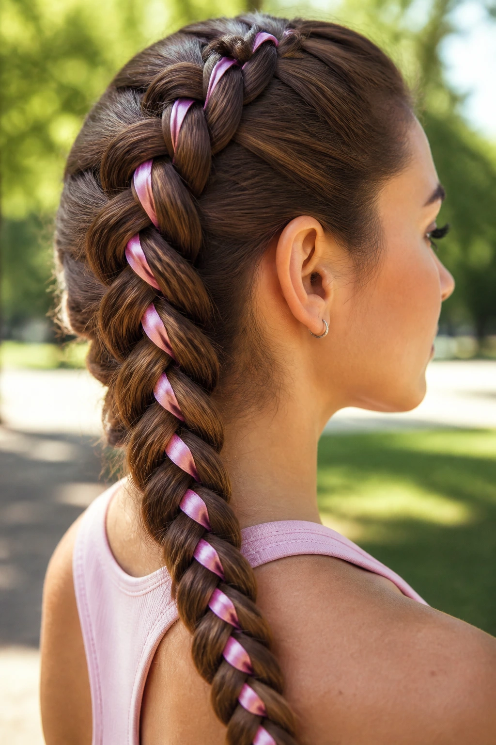 Close-up of ribbon-woven Dutch braid with narrow ribbon in hair