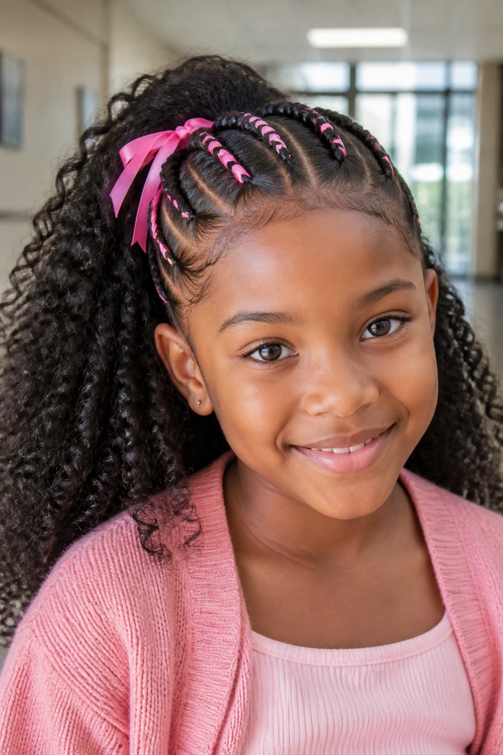 Real girl with ribbon-woven half cornrows in a bright indoor space