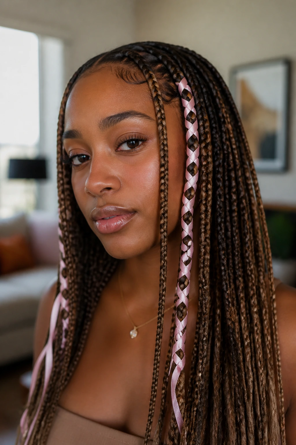 Close-up of a real person with ribbon-wrapped braids in a living room