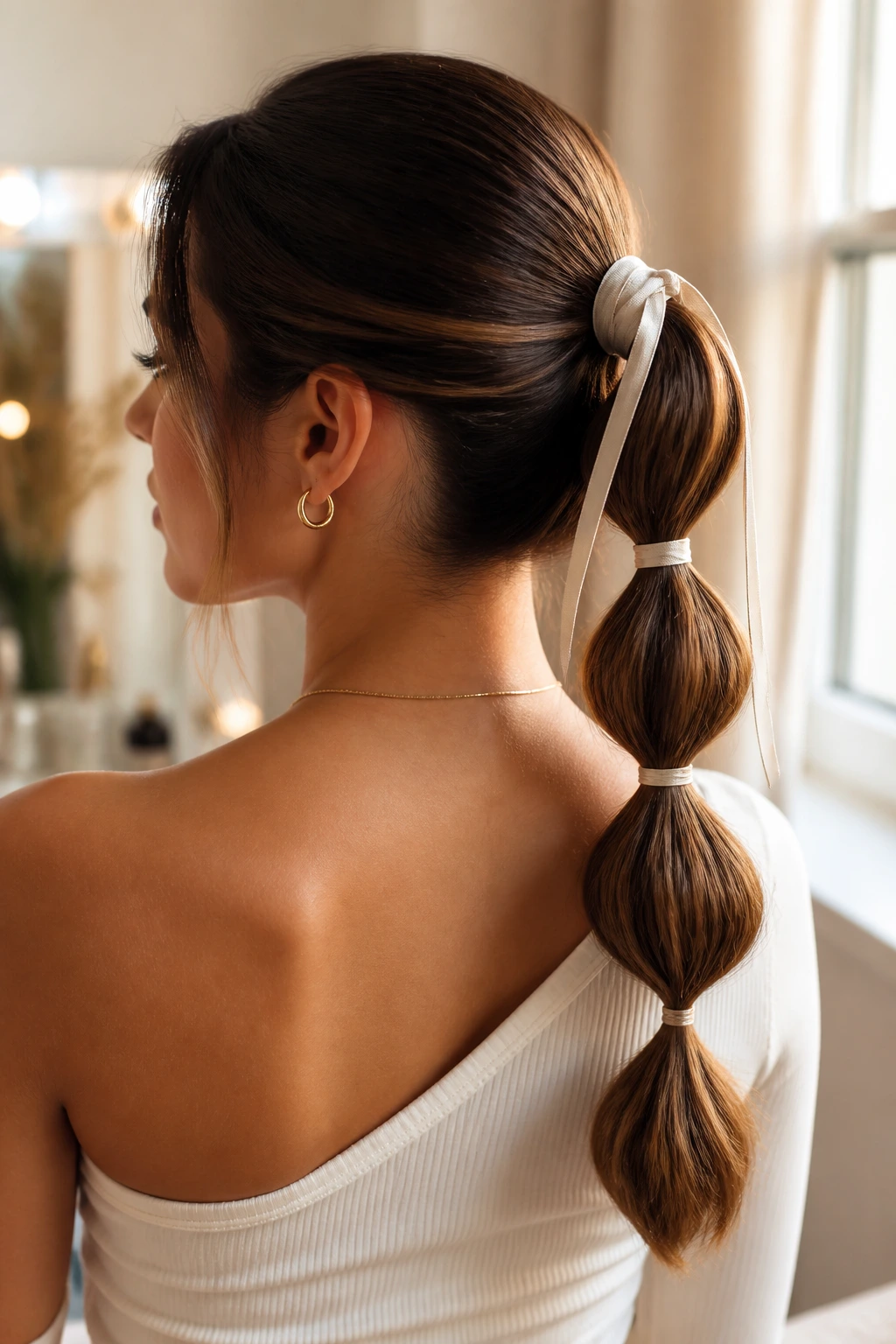 Close-up of a real person wearing a bubble ponytail with a ribbon-wrapped twist at the base, in a softly lit room.