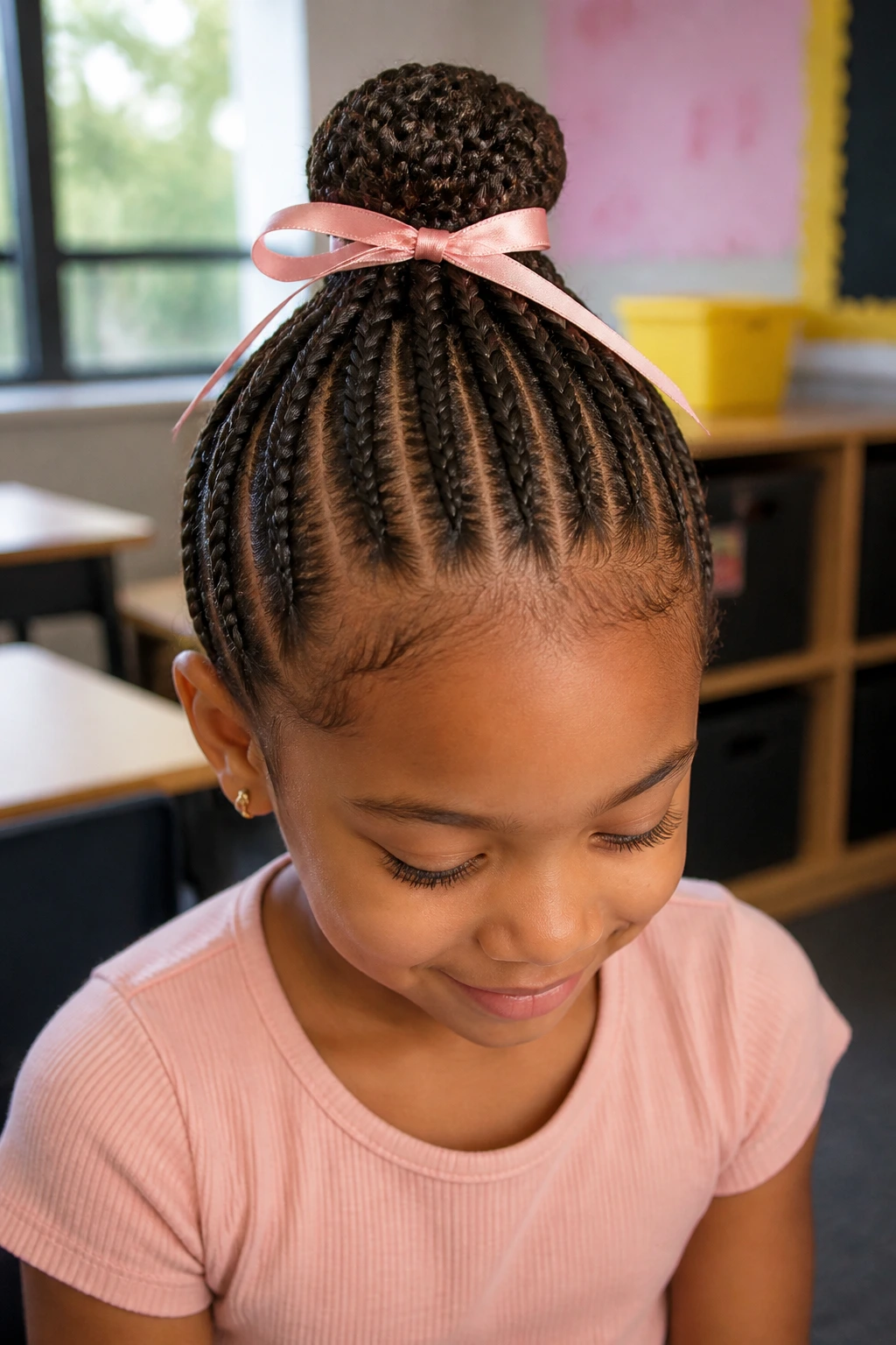 Ribbon-wrapped bun on real child with satin ribbon around base