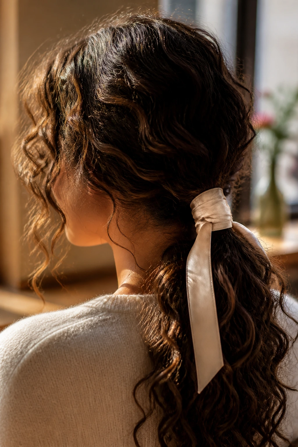 Close-up of a real woman with a low ponytail wrapped with a satin ribbon around the elastic.