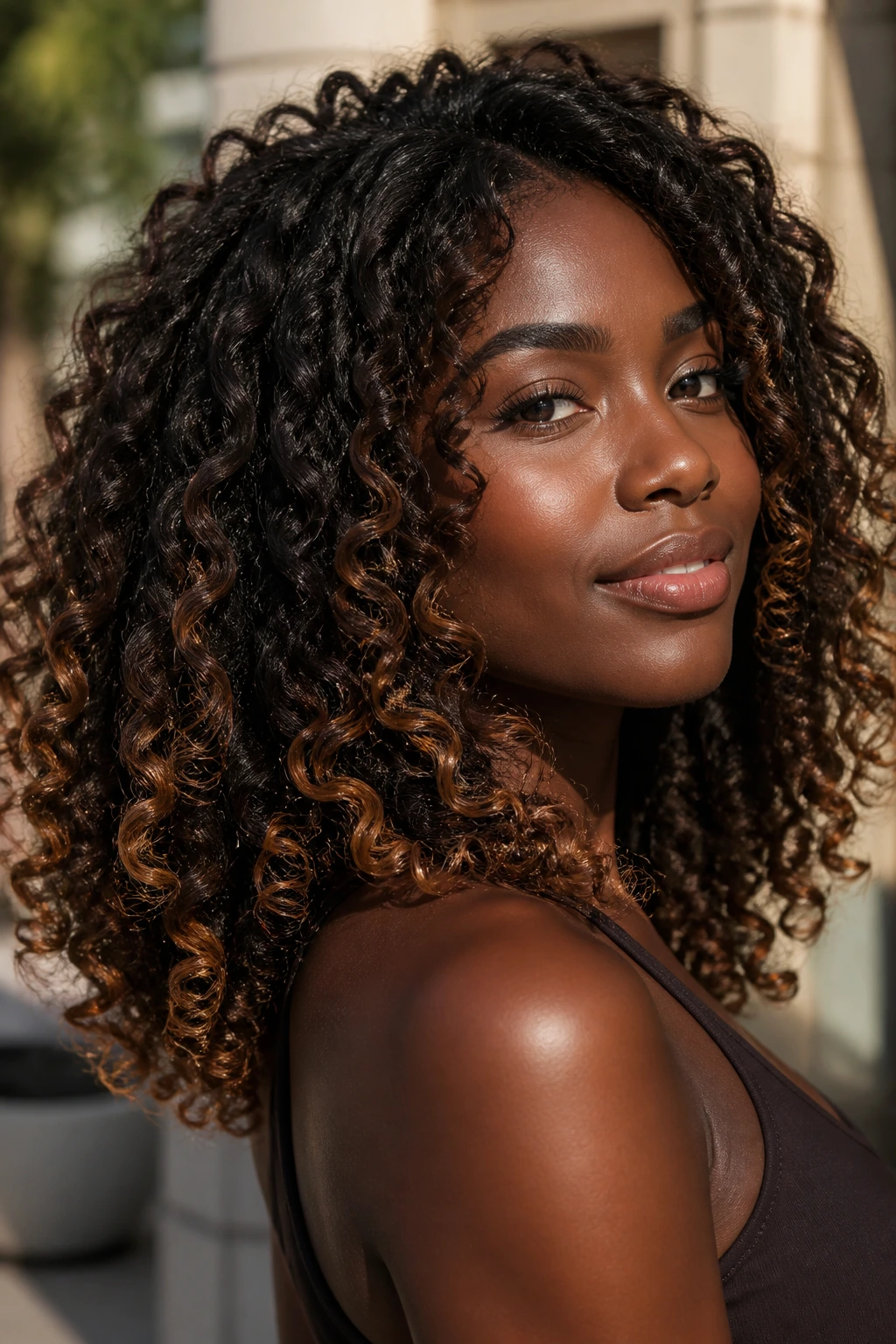 Curly hair with caramel ribbons woven through the ends on a real person