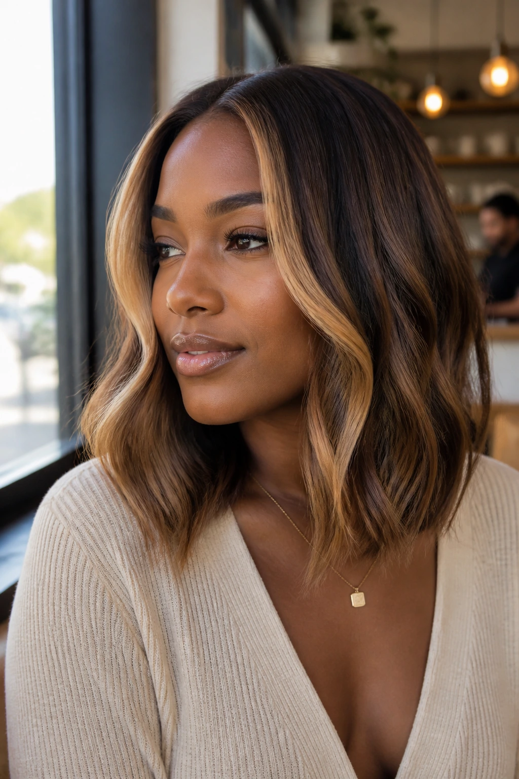 Portrait showing ribboned front color on a lob hairstyle