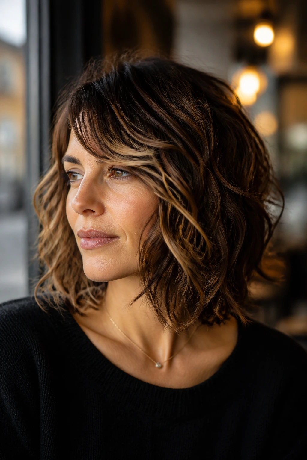 Close-up of brunette lob with ribboned highlights following the side-swept fringe.