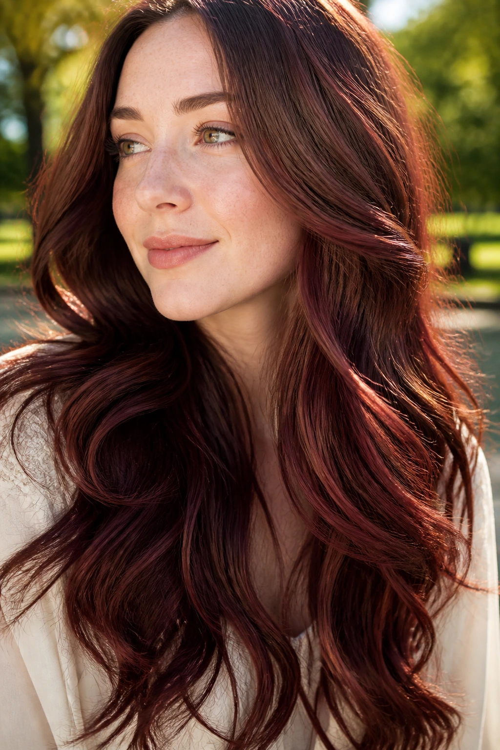 Portrait of a real woman with ribboned mahogany waves on long layers.