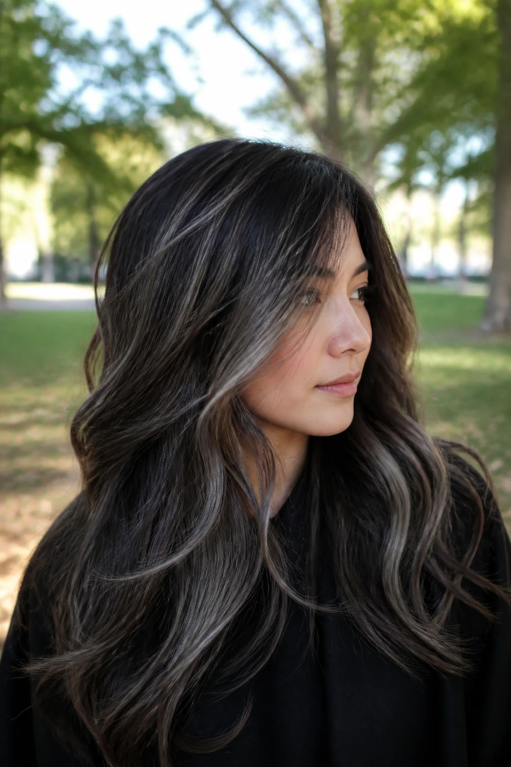 Close-up portrait of a person with ribboned steel balayage on long layers