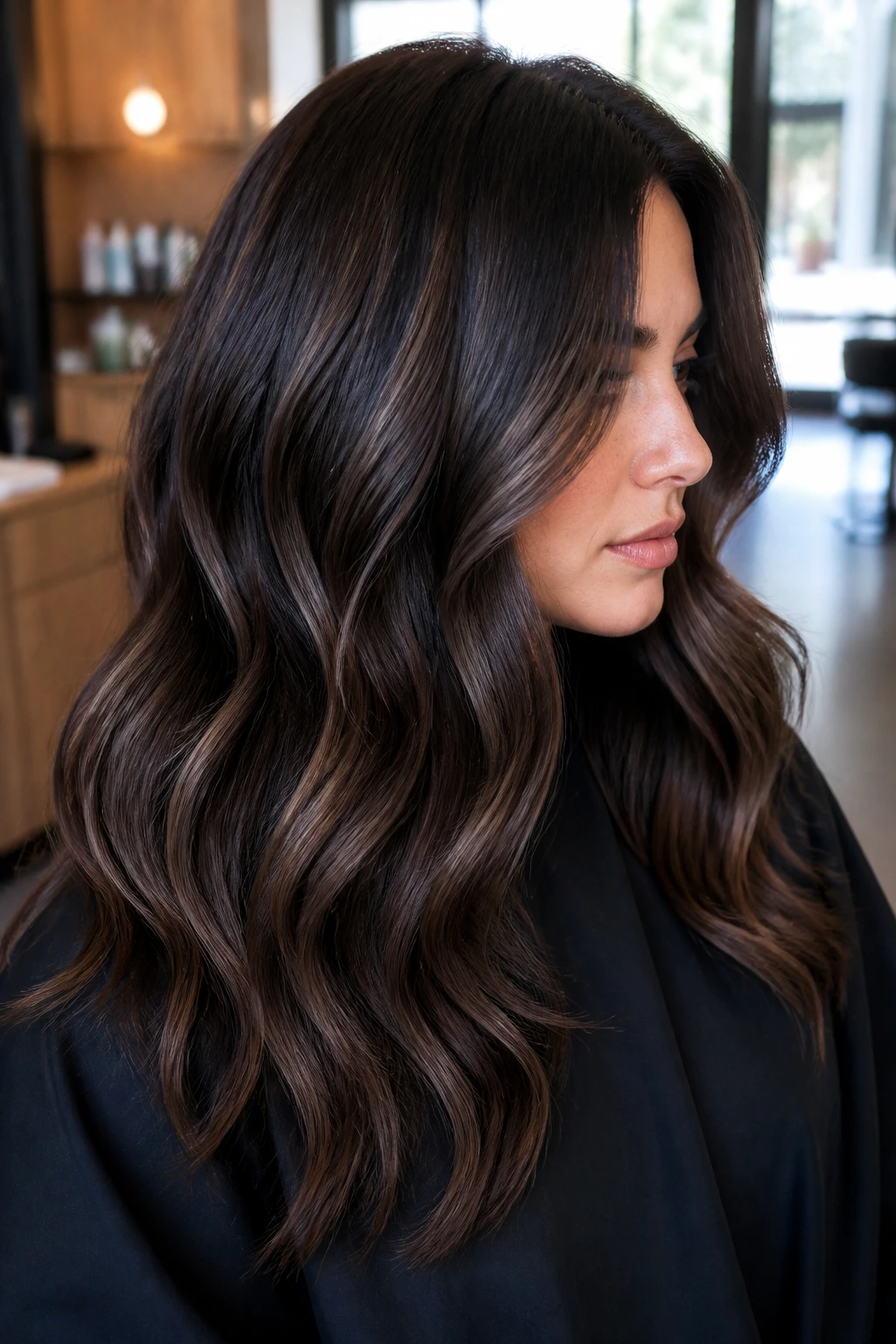 Close-up of thick hair with wide midnight brown ribbons through mid-lengths and ends