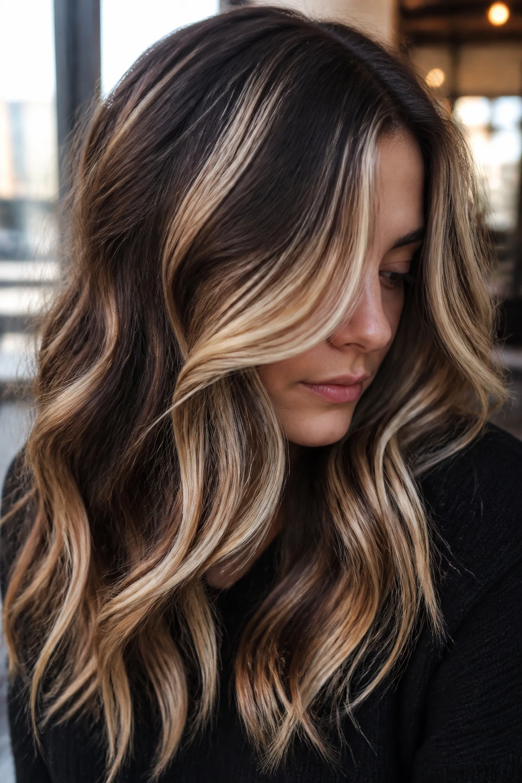 Close-up portrait of a real woman with brunette waves featuring chunky blonde ribbons woven through the hair