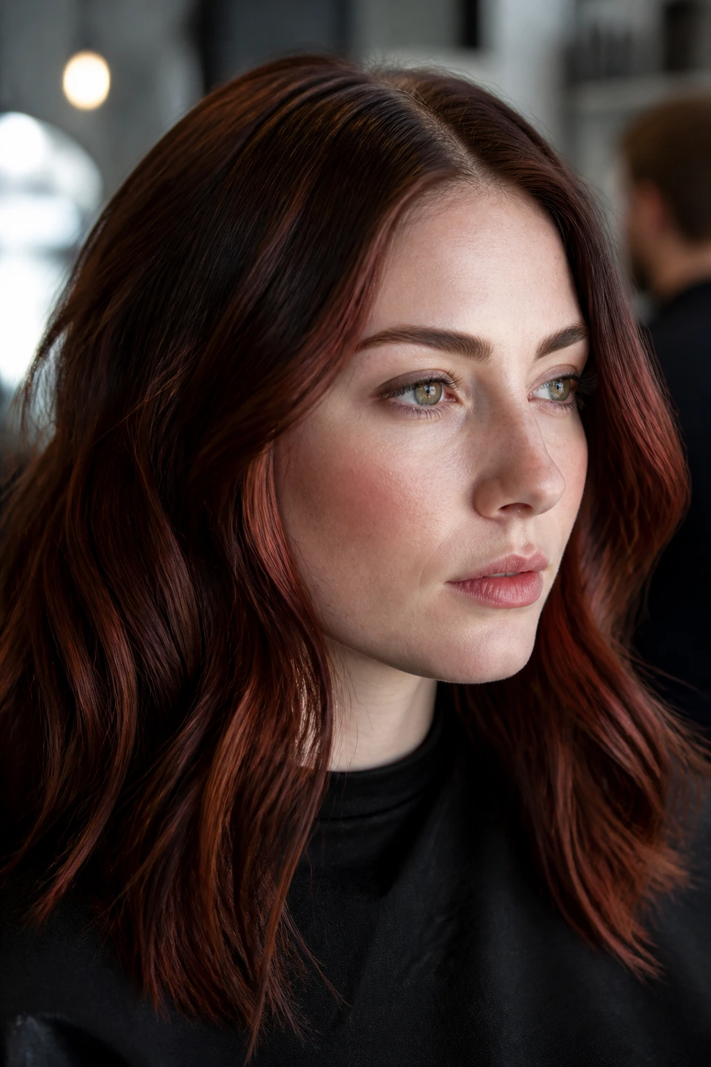 Cheekbone-framing mahogany ribbons on a real person with soft side lighting.