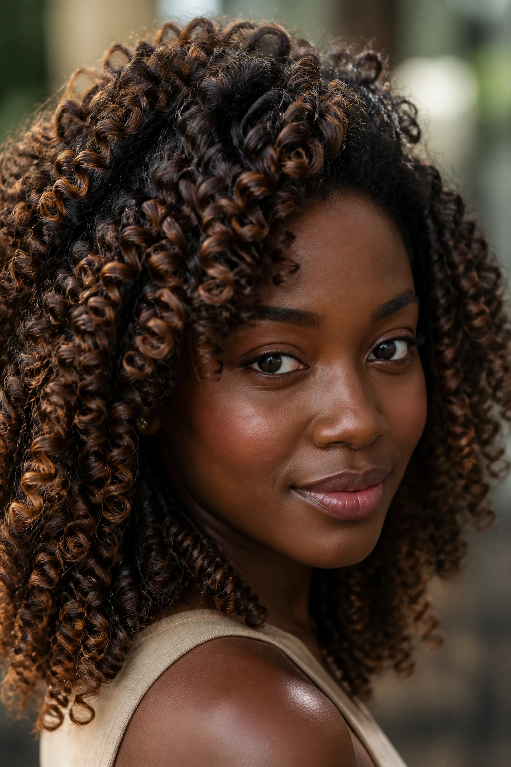 Defined curls with chestnut ribbons on deep skin