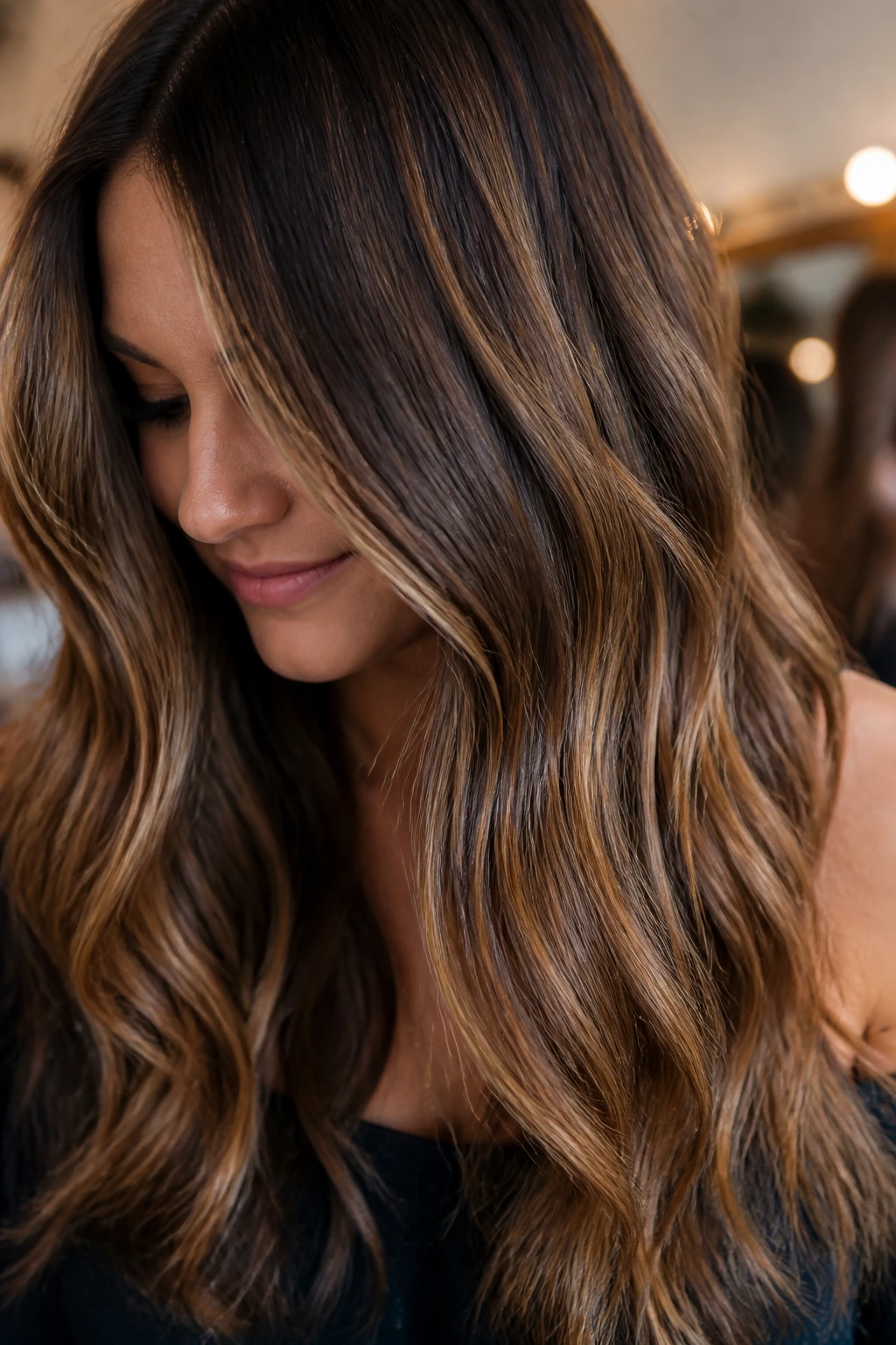 Close-up of a person with glossy multi-tone hair showing rich blend
