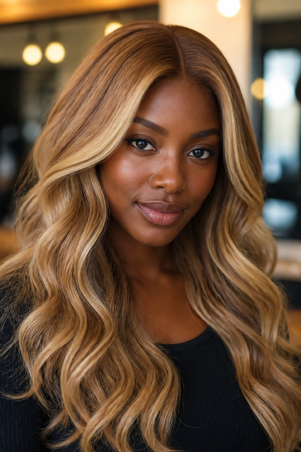 Close-up portrait of a real woman with deep skin and rich blonde shade.
