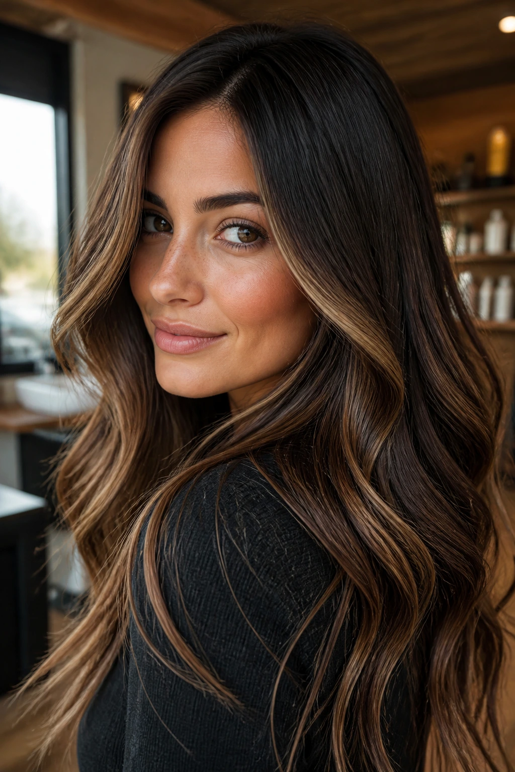Brunette with deep root and soft caramel edges in salon light