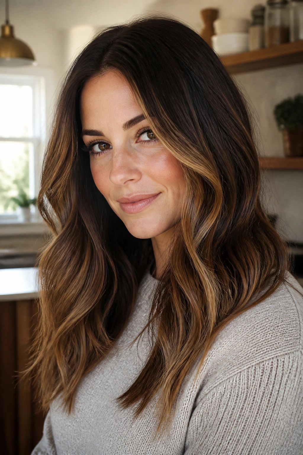 Close-up of a woman with rich brunette hair and caramel melt