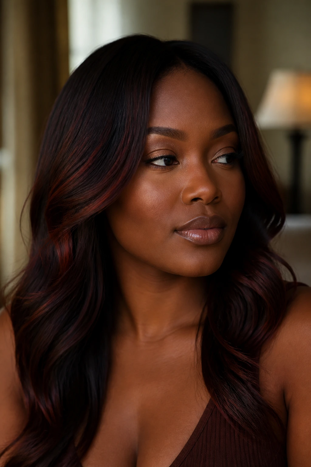 Close-up portrait of a real person with deep brunette hair and warm red undertones softening a square jaw