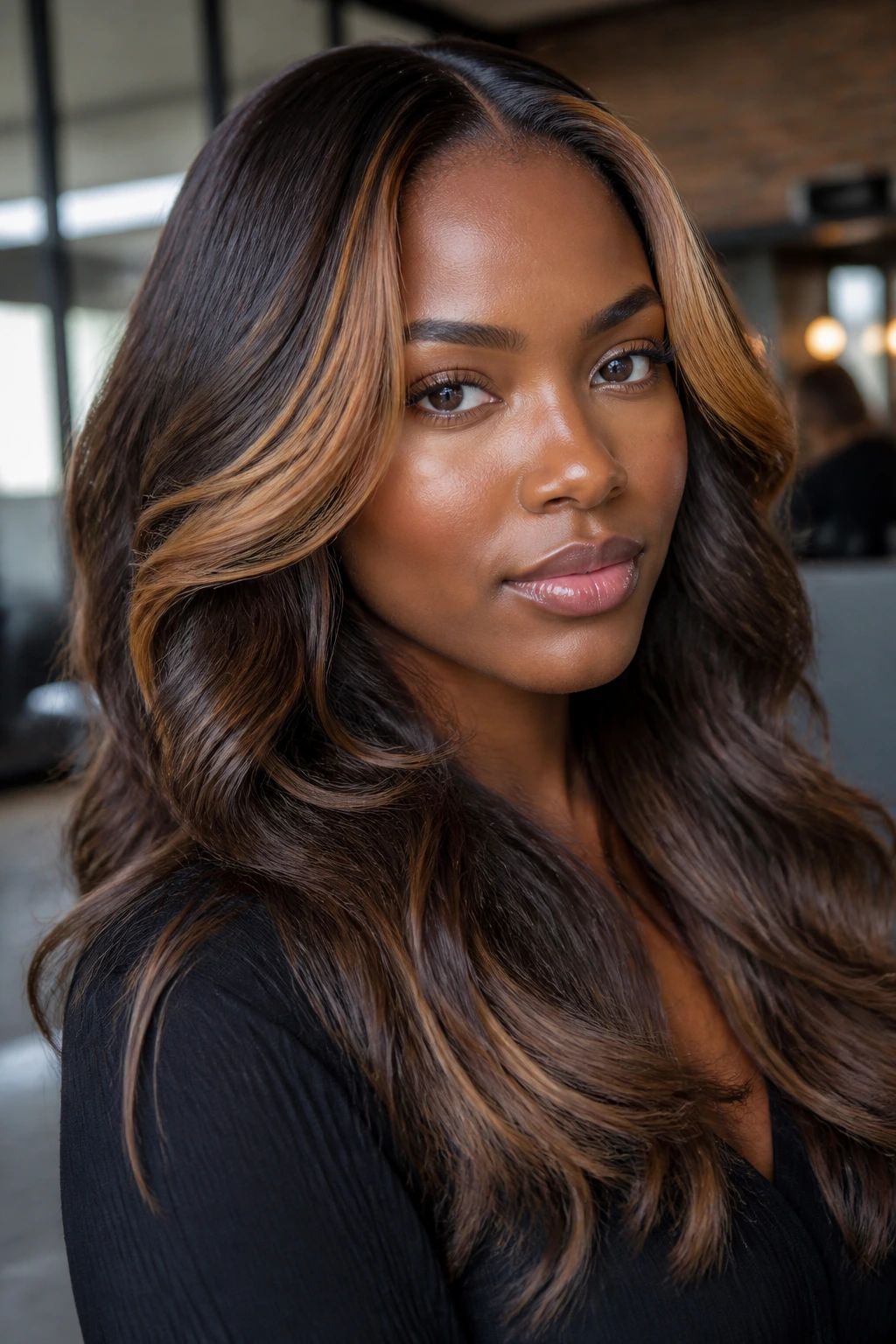 Close-up of a dark-skinned woman with rich caramel face-framing highlights.