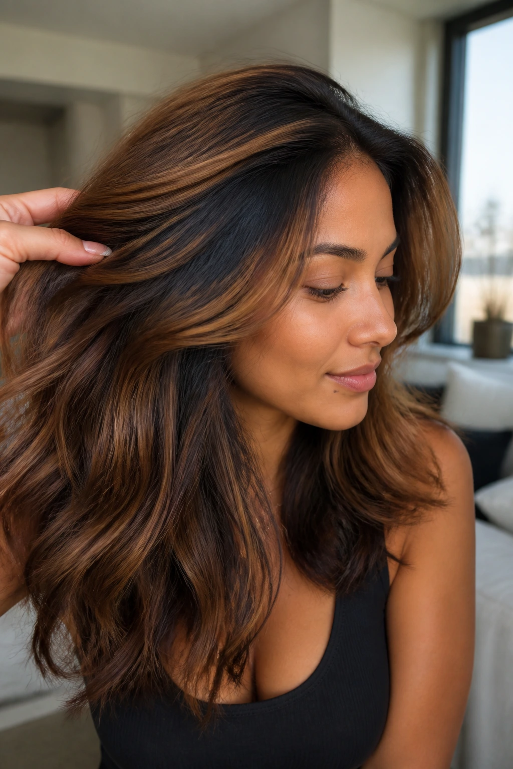 Portrait of a person with caramel melt and espresso underlayers hair