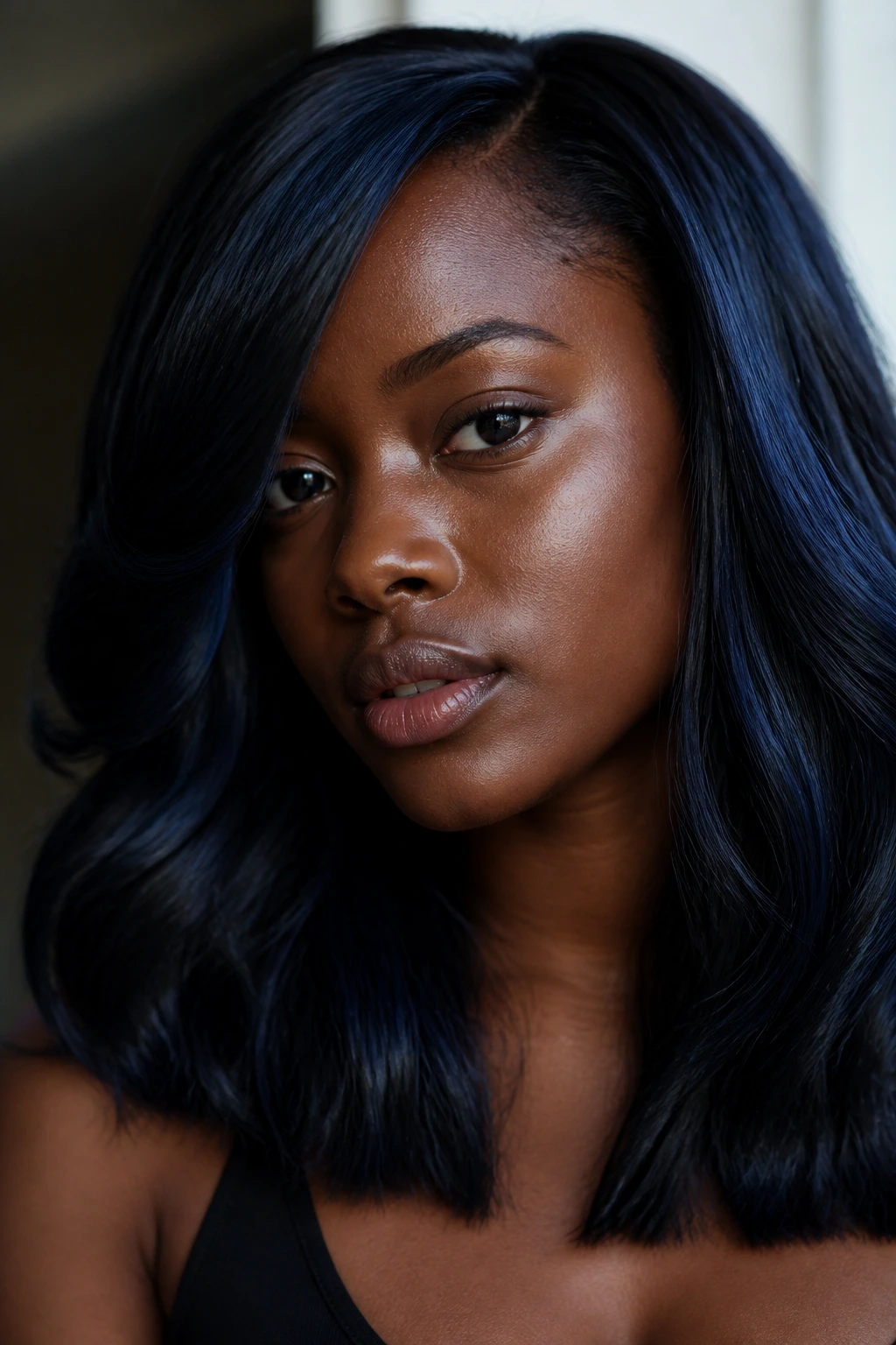 Close-up portrait of a real person with blue-black hair against deep skin.