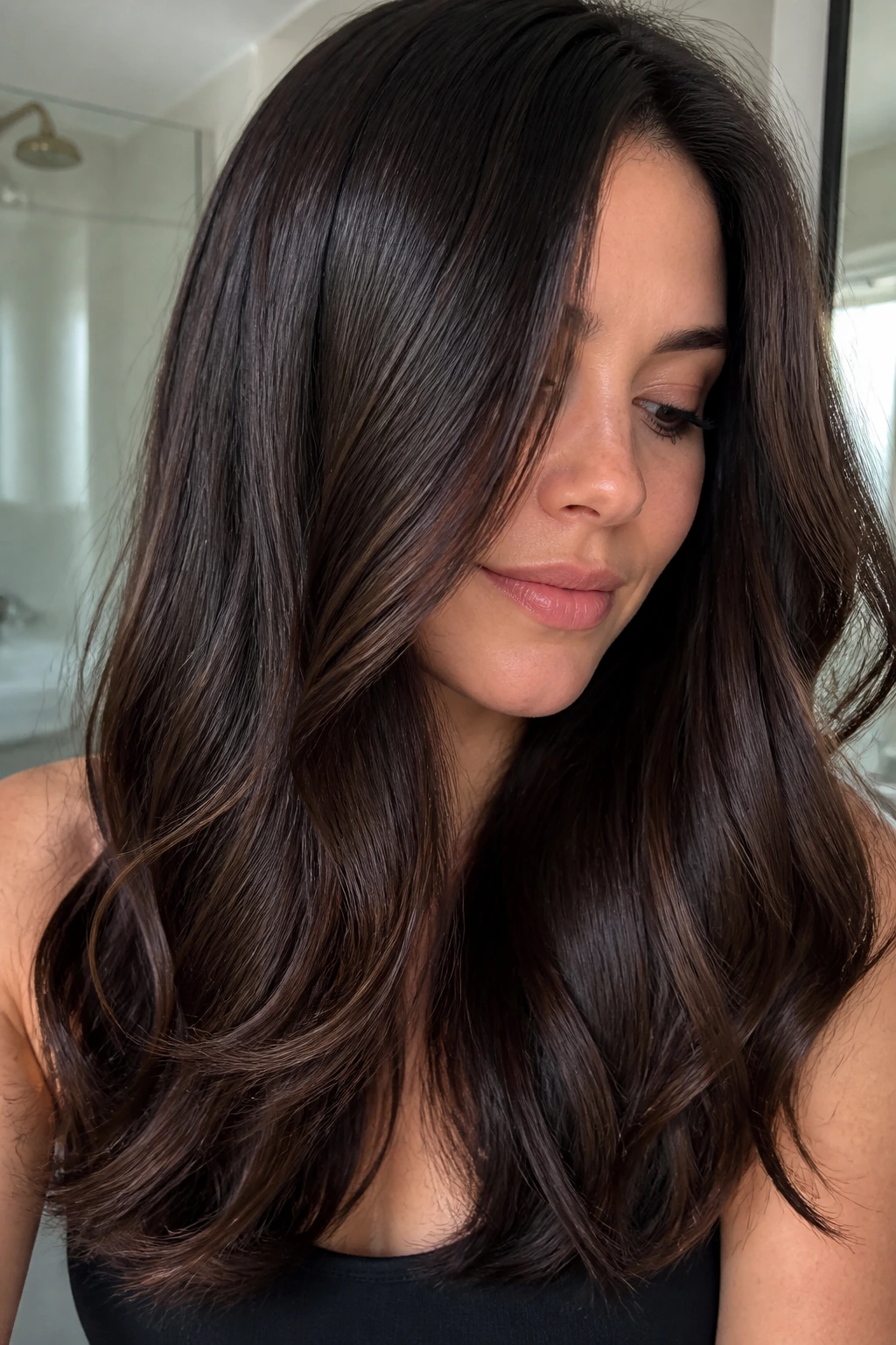 Portrait of a real person with glossy rich dark brown hair