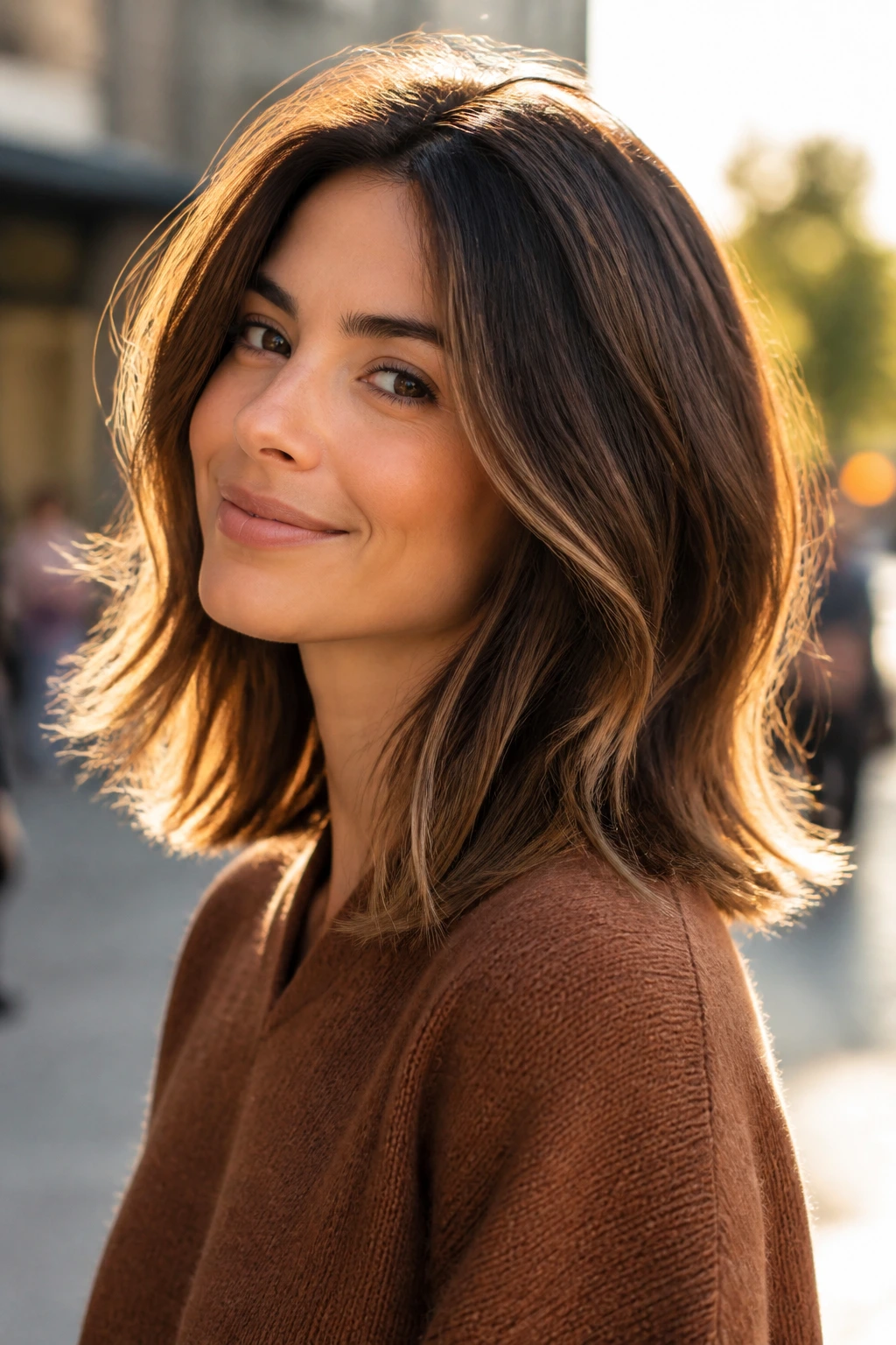 Close-up of hair with rich mocha roots and airy ends on a real person