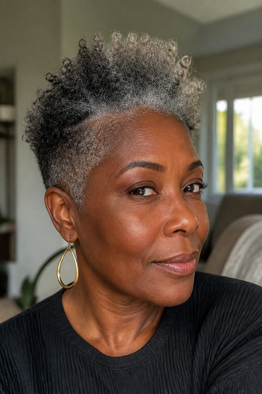 Close-up of a deep-skinned person with darker roots and dimensional grey hair