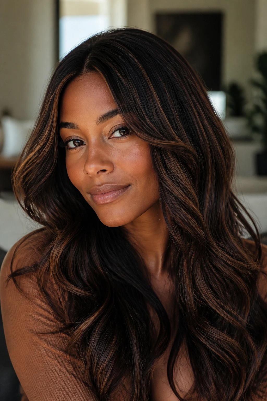 Close-up of deep skin tone woman with rich umber hair and soft poplights near crown and face