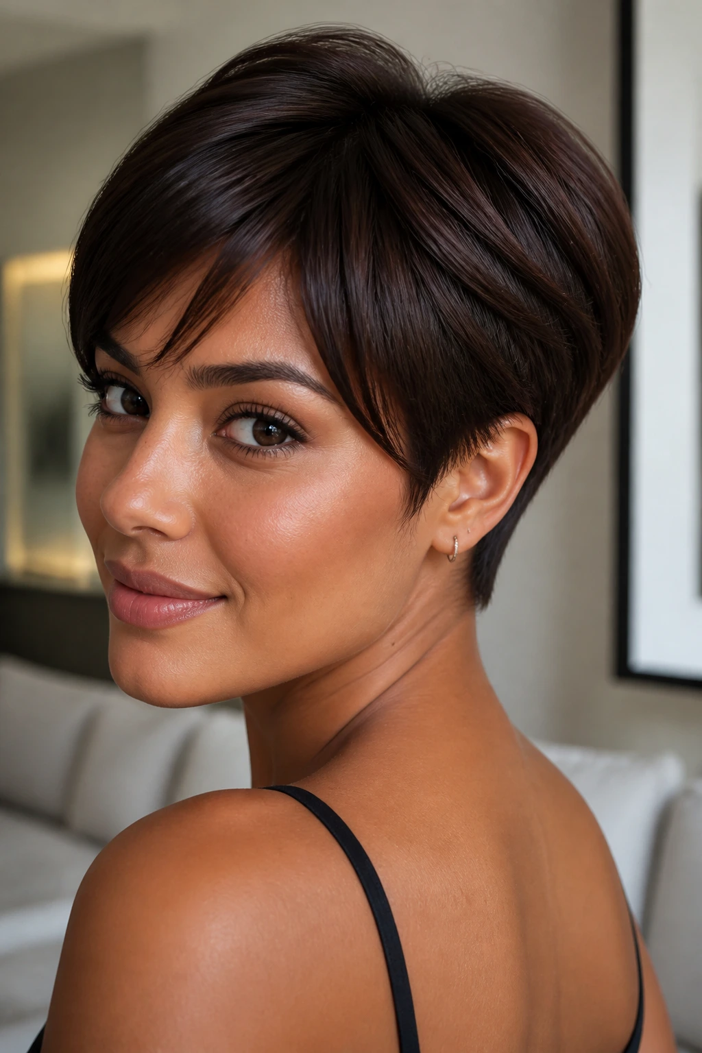 Close-up of a real woman with rich walnut tapered crop under soft modern interior light