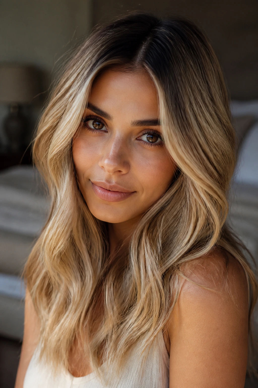 Close-up of a real person with warm beige honey blonde hair and tan skin.