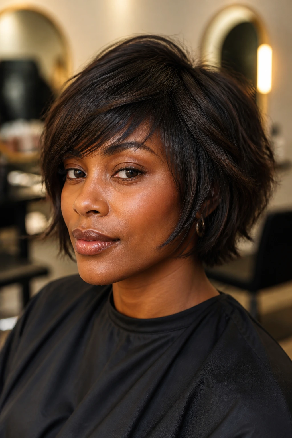 Close-up of a real woman showing a right bob shape with crisp perimeter.